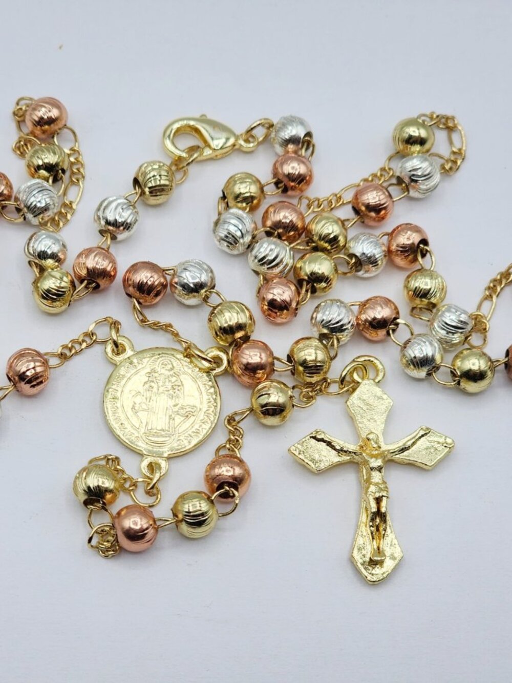 St Benedict Catholic Rosary Necklace Tri Color Metal Beads Gold Silver Rose